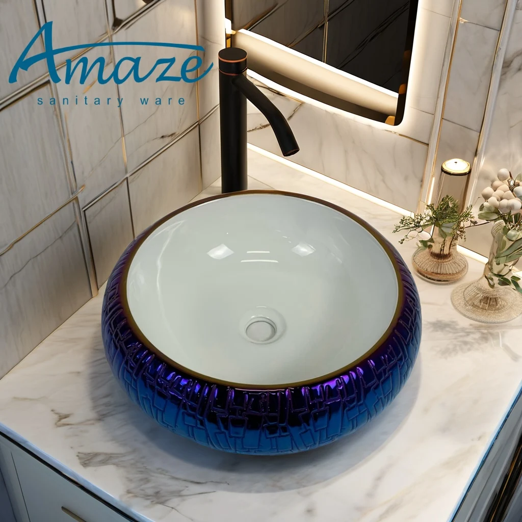 China high quality sanitary ware luxury countertop sink round electroplated blue ceramic art basin home hotel wash basin supplier