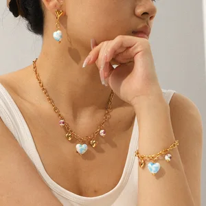 MW Vintage New Style Women's 18K Gold Plated Stainless Steel Heart Tassel Pendant Necklace Bracelet Earrings Jewelry Set Gift