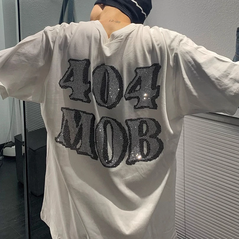 New Arrivals Cotton Glittering Shine Diamonds Oversized T Shirt Custom Hot Fix Rhinestone Designs Logo Printing Mens Tshirt