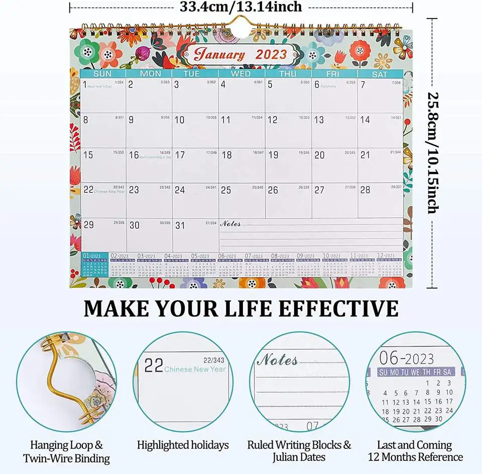 Newest 2023 2024 English Calendar Home Office Calendar Wall Hanging Calendar Monthly Planning Spiral Binding Different Design