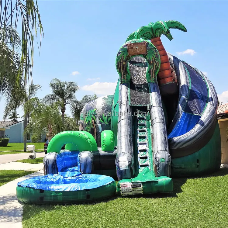 Green Curved Coconut Tree Inflatable Water Pool Slide 18ft Large Custom Inflatable Water Slide