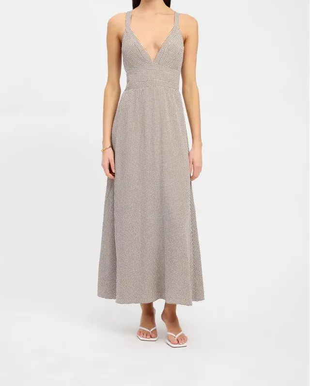 Custom Sleeveless V-neck Tartan Linen Dresses Solid A-Line Summer High  Waist Maxi Dress Ladies Casual Linen Dresses Women