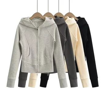 American retro hoodie women's new autumn and winter waist slimming zipper plus fleece casual coat