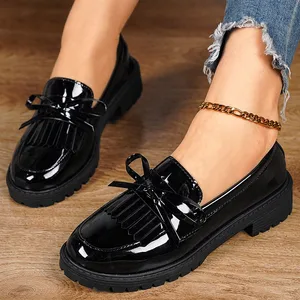 New Spring Fall Women's Patent Shiny Business Dress Shoes Girl Black Platform Tassels Loafer Shoes
