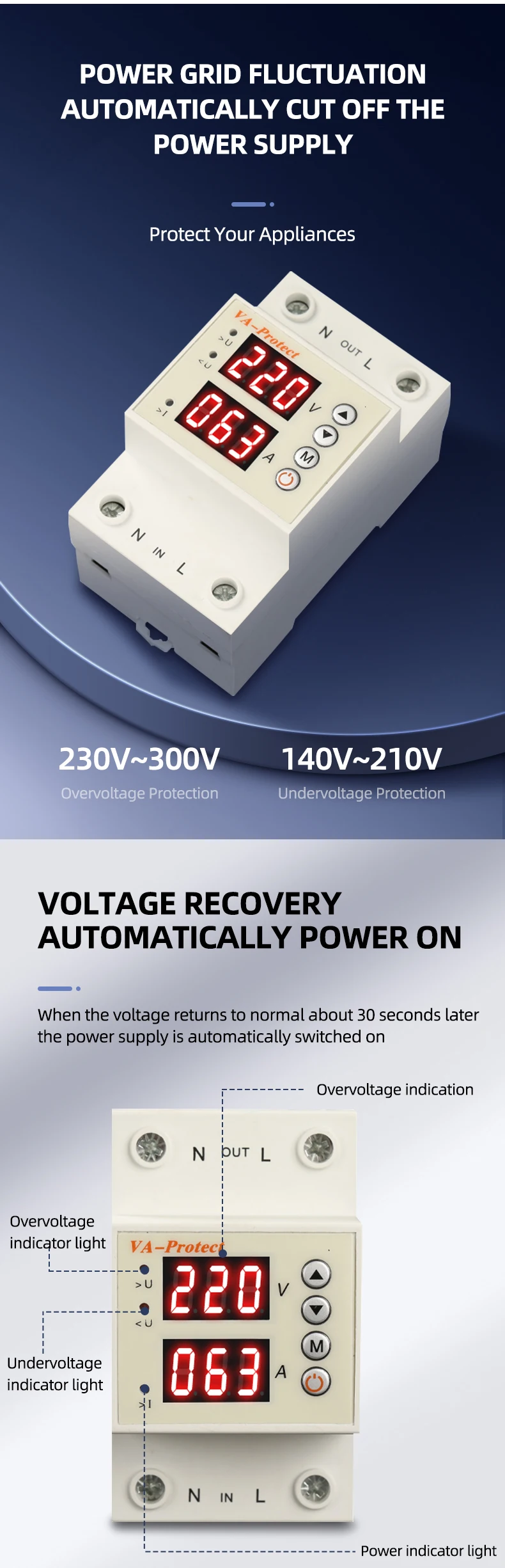 Din Rail 60a Voltage Display Relay Adjustable Over Under Voltage ...