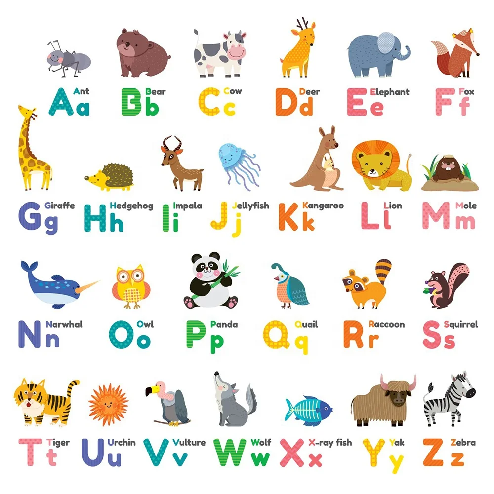 Colorful Cartoon Animal Alphabet Wall Stickers for Kids - Cute ...