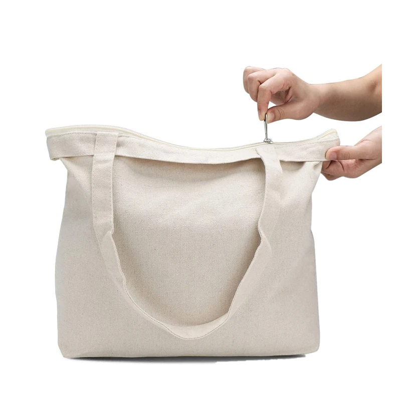 Wholesale Heavy Duty Plain Canvas Tote Bag with Zipper Inside Pockets for Shopping
