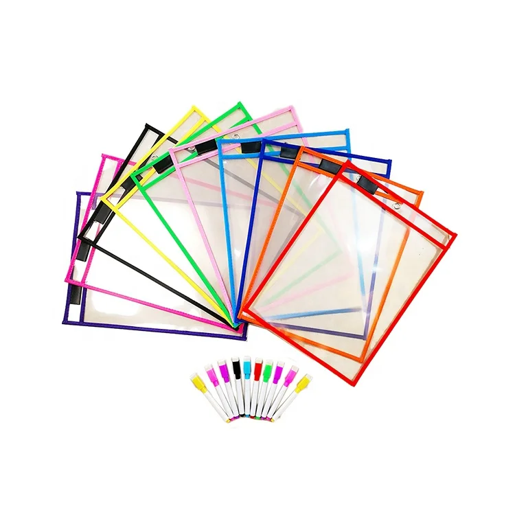 Разные цвета A4 высокое качество бесплатный образец со стирающейся от маркера Pockets10 пакет карманы, классе, организация многоразовые со стирающейся от маркера карманы