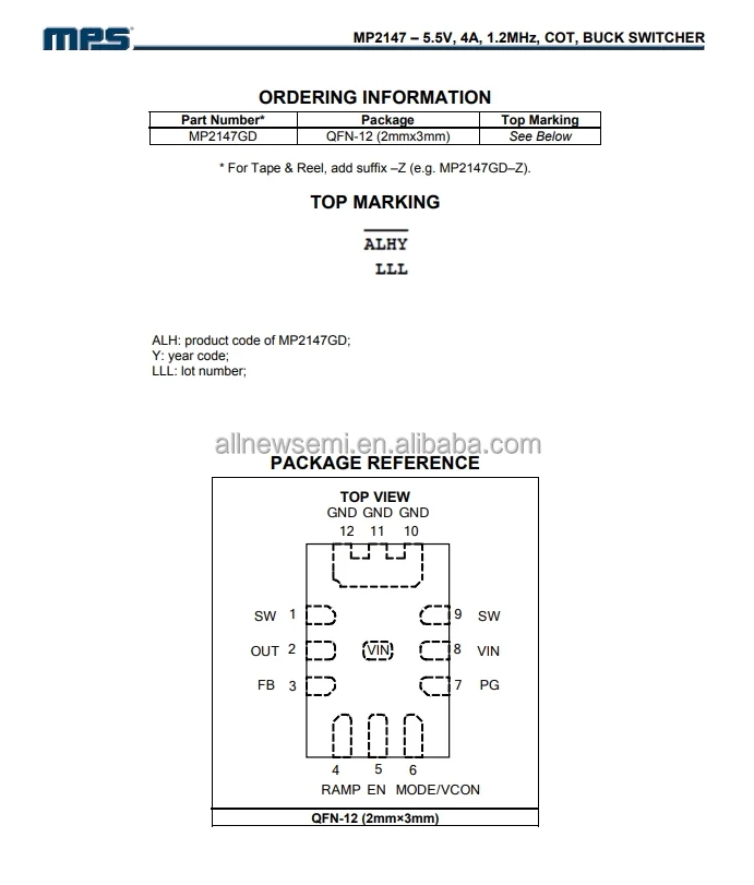 Hot sale Original PMIC MP2147GD-Z IC Buck Switching Regulator IC Positive Adjustable 0.6V 1 Output 4A 12-PowerVFQFN