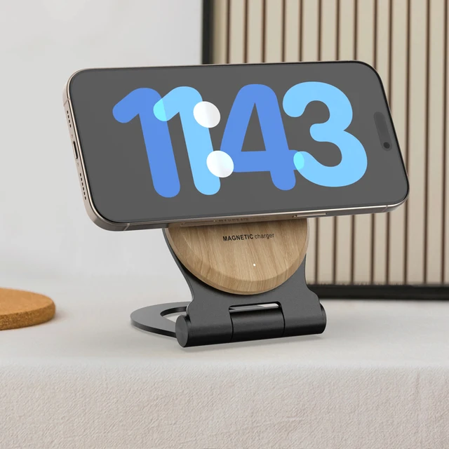 2025 New Electronics Products Wooden Magnetic Wireless Charger for Phone 15W Wireless Charger With Alloy Folding Stand