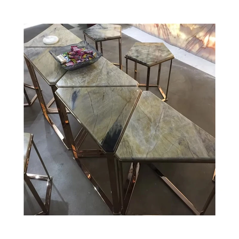 Modern Green Marble Coffee Table with Polygonal Chairs Wood and Stone Material Gold Metal Leg Plating for Indoor Home Living