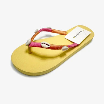 women flip flop thong sandal with handmade hand-stiched seashell flip flop with decorated upper yellow color