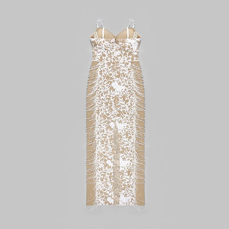 A7586 Dress Woman Women'S Sexy Dresses White Pearls Fur Dress Luxury Lace Ventilate Curved Feather Design