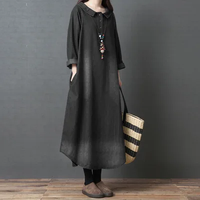 China Cloth Factory Ladies Turn-Down Collar Dresses Women Long Sleeve Plus Size Maxi Denim Dress