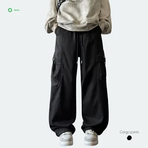 Men's Vintage Black Straight-Leg Plain Dyed Eco-Friendly Breathable Windproof Casual Loose Fashionable Solid Color Cargo Pants