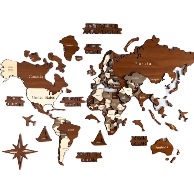 Wooden World Map 3D Wooden Multi Colored Map Multi Layered  For Home Decoration LED Wall Hangings Push Map