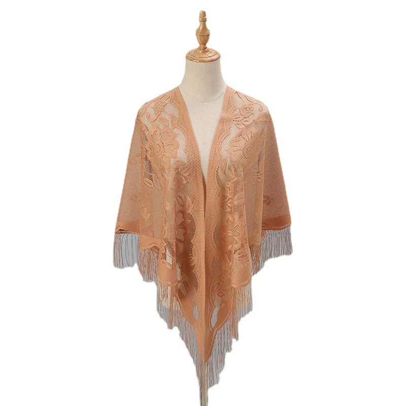 The New Autumn Winter Solid Color Hollow Out Tassels Scarves Fashion Breathable Lace Triangle Scarf and Shawls for Women