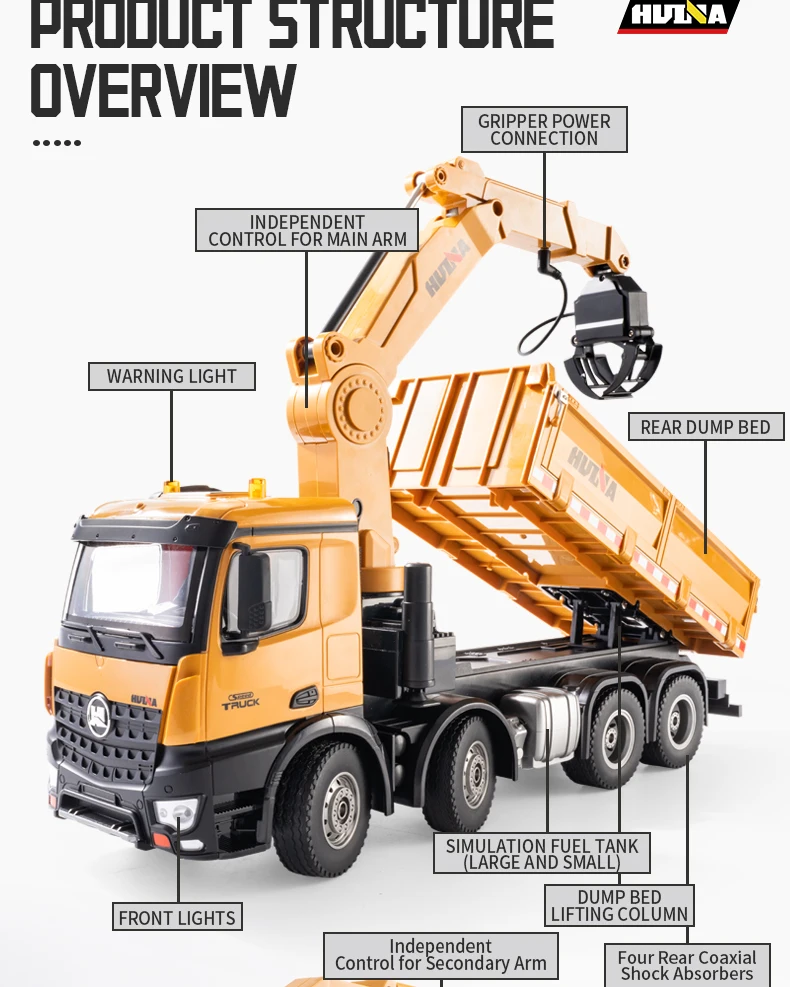 Huina 1538 1/14th 3in1 Alloy RC Engineering Dump Truck
