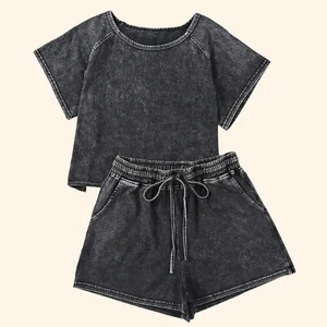 Wholesale Baby Kids Vintage Fashion Streetwear Summer Custom Black Acid Washed T Shirt Shorts Sets Kids Girl Outfits