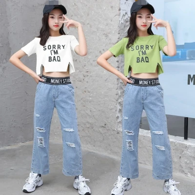 Ropa De Estilo Urbano Para Chicas Grandes,Pantalones Vaqueros De Cintura  Alta De Manga Corta Y Pierna Ancha,De Verano,2 Piezas - Buy Big Girls  Fashion Street Style Clothes,Summer Short Sleeve,High Waist Denim Wide