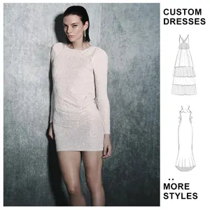 Custom High Quality Women Casual Dress Round Neck Long Sleeves Silver Sequins Bodycon Sexy Mini Dress for Women