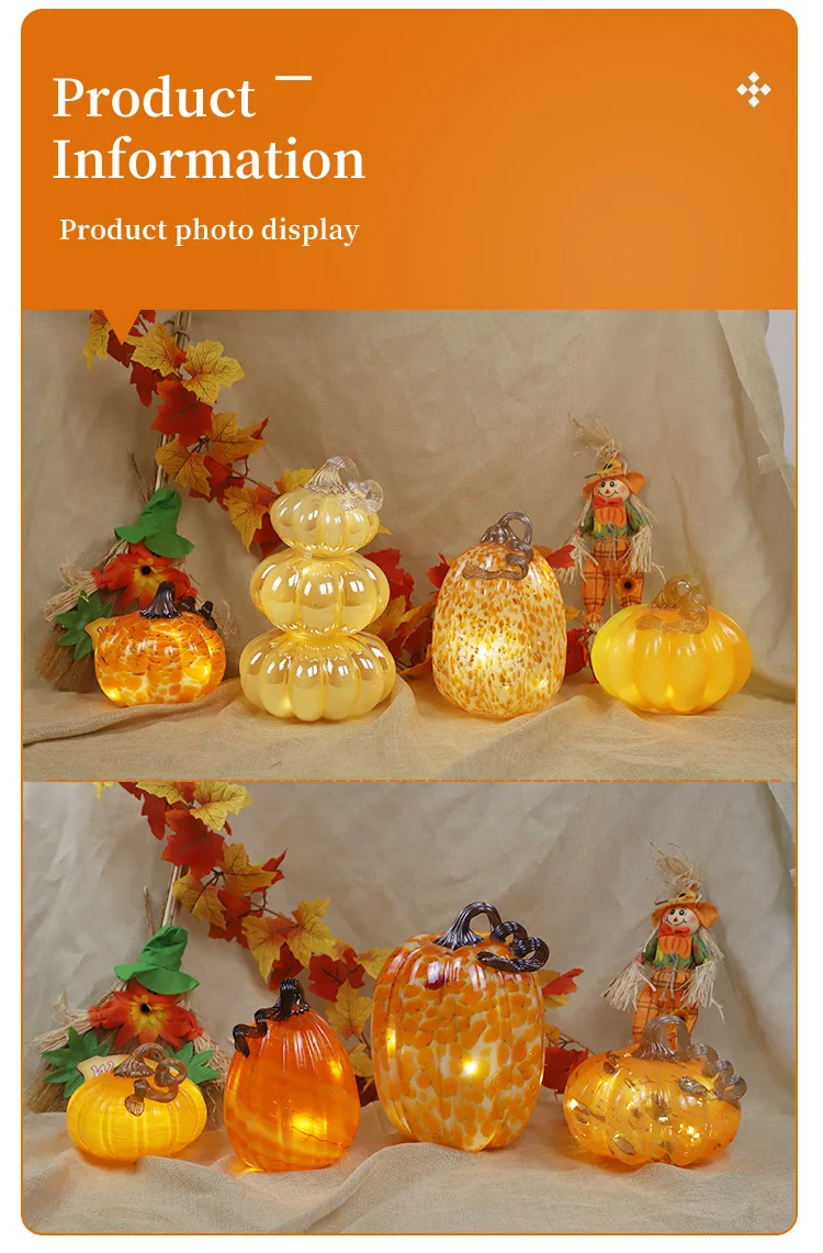 Wholesale Custom Colorful Handmade Craft Glass Pumpkin Shape Lights Ornaments Halloween glass Murano Glass Pumpkin For Home Deco details