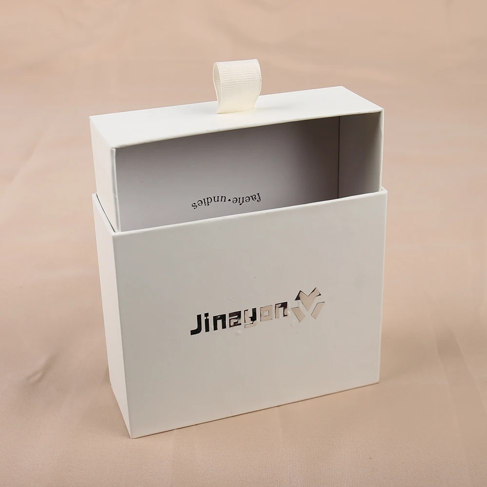 Caja de papel de lujo con cajón deslizable, caja de regalo personalizada de cartón con cinta y logotipo estampado en caliente plateado, cajas de papel elegantes