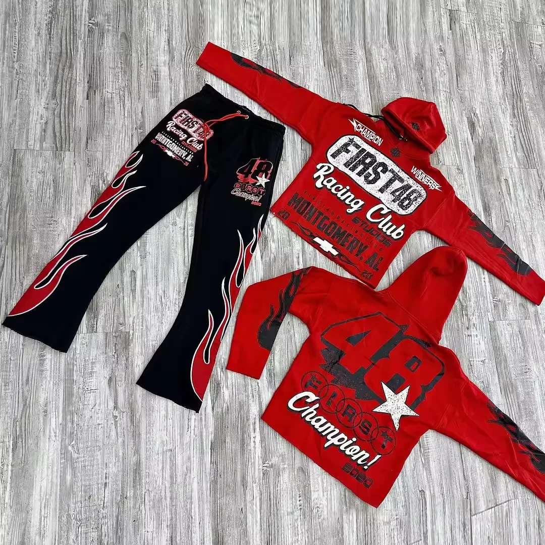 Salati OEM Custom Heavy Weight Tracksuit Fleece Cropped Silk Screen Printing Y2K Flare Sweatpants and Hoodie Sets for Men gallery 4
