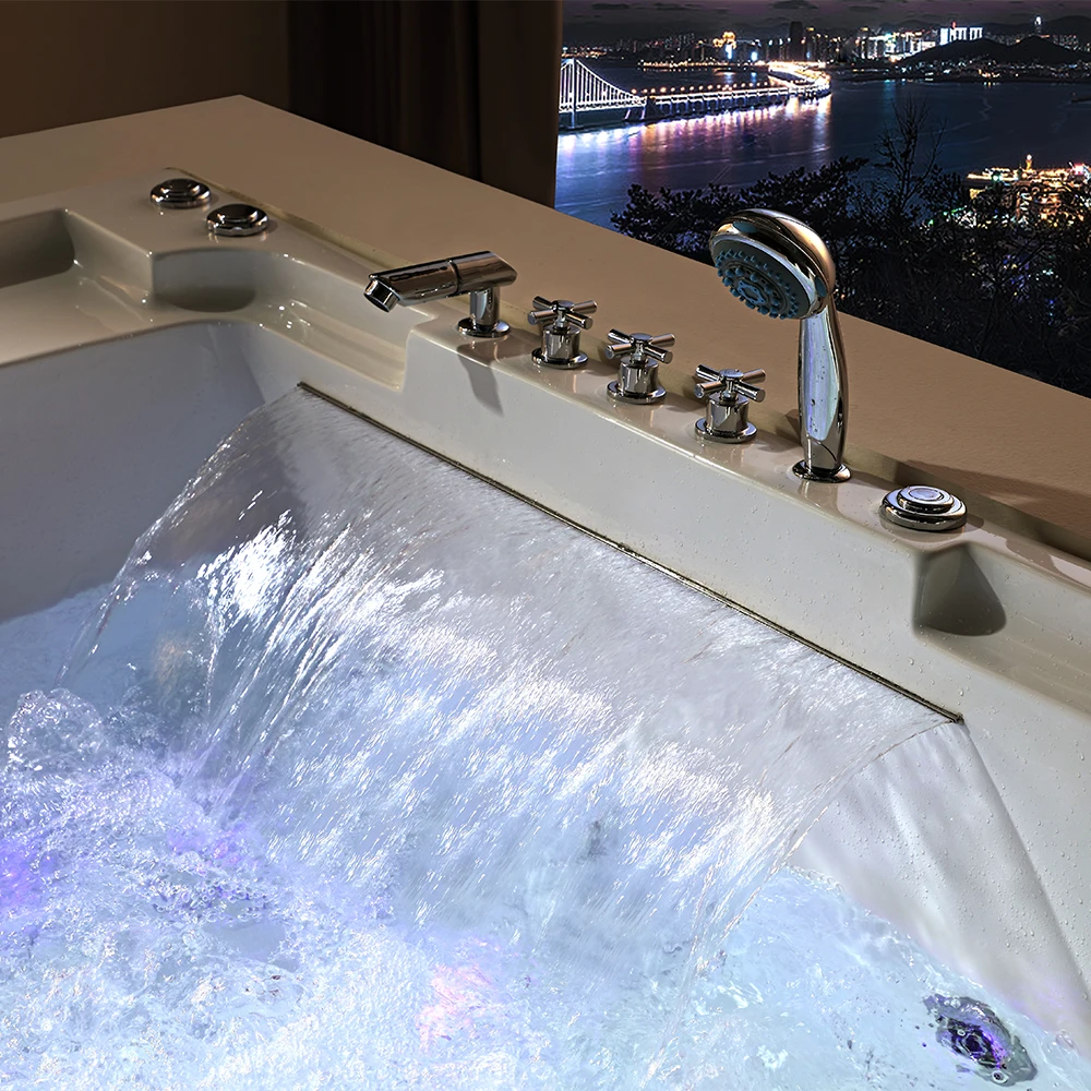 Two-Pillar Freestanding Rectangular White Acrylic Bathtub Stylish Design Bathroom Massage Bathtub