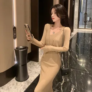 Autumn Fashion Sexy Knitted Cardigan Set Loose Long-sleeved Cardigan Slim Dress Knitted Two-piece Female