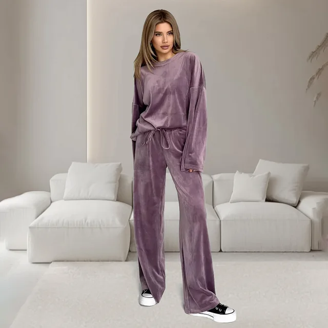 Luxury Fall Winter Warm Clothes Solid Color Velvet  Pocket Long Sleeve Set Outfit Cozy 2 Piece Pajama Pjs Set For Women