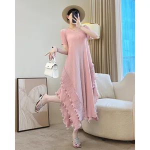 Plus Size Miyake Pleated Dress  Loose V-Neck Irregular Long Dress Casual Style for Women, Fits All Body Types From S to XXL