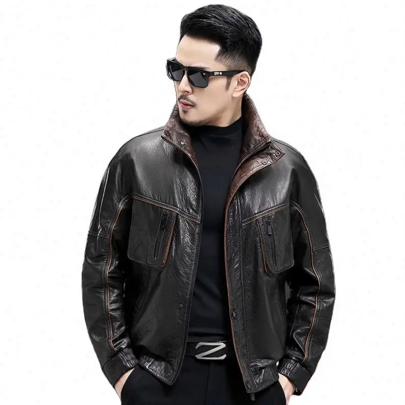 Men's Vintage Bomber Coat Thicken Cargo Motorcycle Jacket Biker Jackets European Winter Warm Real Leather Knitted_voghion.com