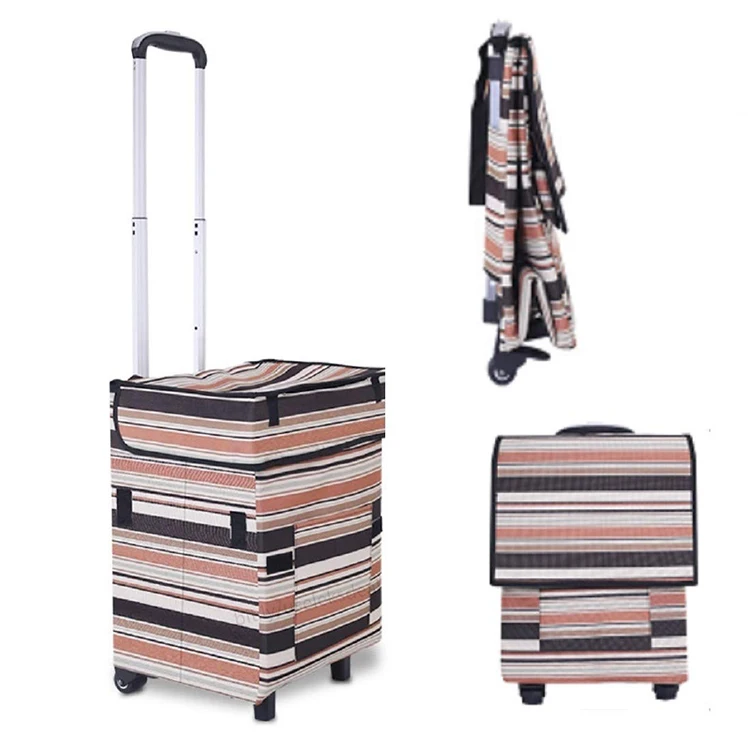 Collapsible & Telescoping Handle Waterproof Foldable Shopping Trolley Bag with Wheel Cartoon Pattern Carry-on for Vegetables