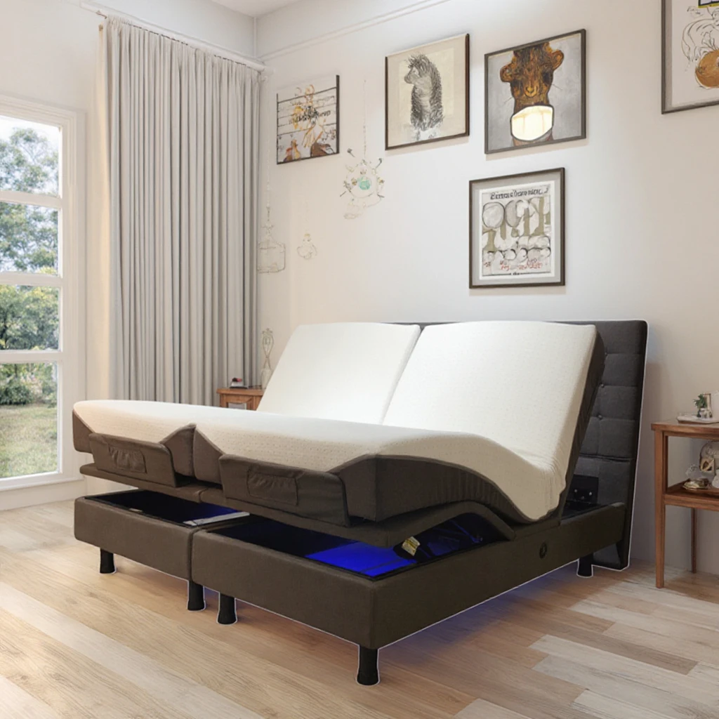 Folded  Frame With Head Board, Massage, Zero Gravity, USB Charging Split King Bed Adjustable Bed