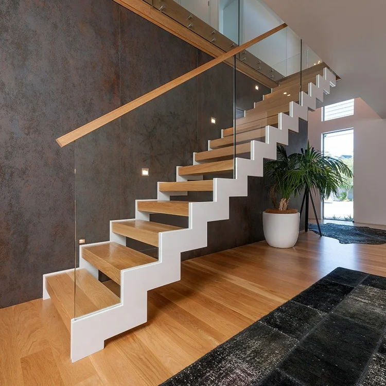 Zig Zag Stringer Wood Step Staircase With White Stair for Building Project