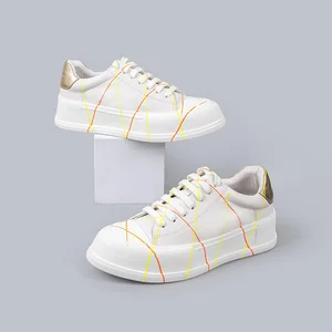 White Leather Platform Sneakers Women Neon Stripes Gold Heel Accent Fashion Casual Sports Shoes Ladies Comfortable Footwear