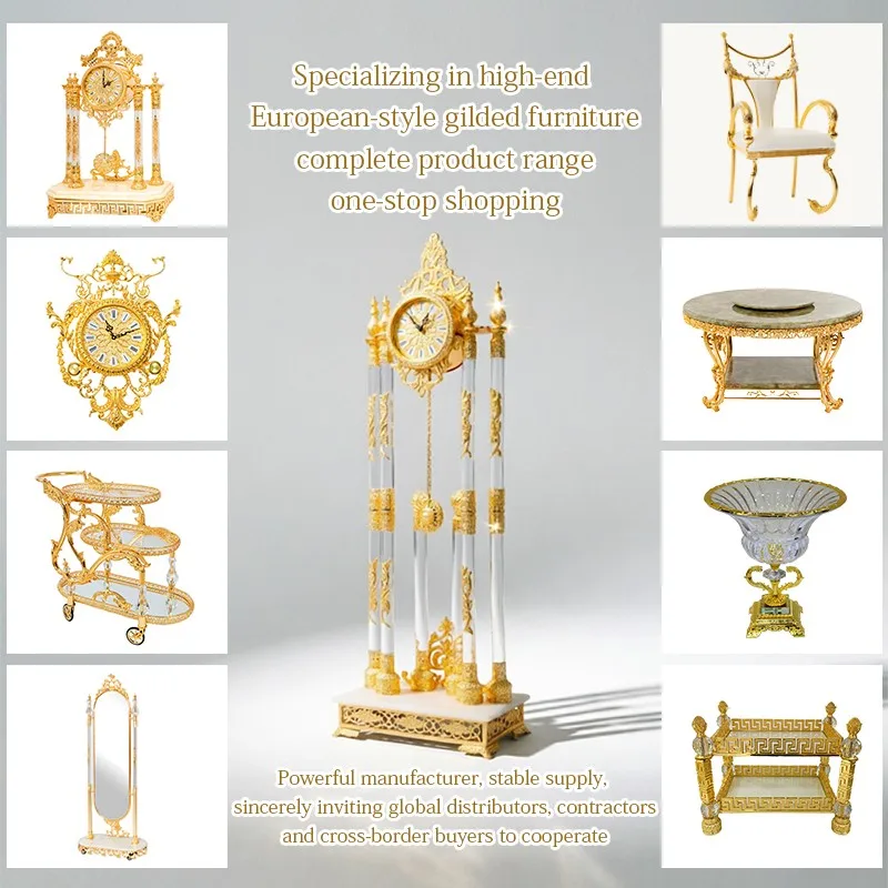 Golden Floor Clock Gold-Plated Antique Style Vintage Grandfather Copper Standing with Natural Jade Vintage Decor