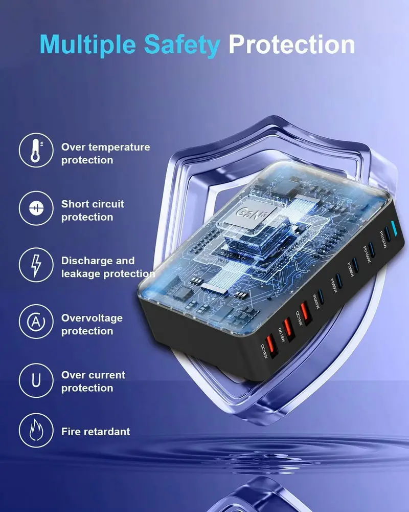 440W GaN台式充电器8端口USB C型PD 100W快速集线器充电器3.0 USB C型手机440W USB电源充电器站