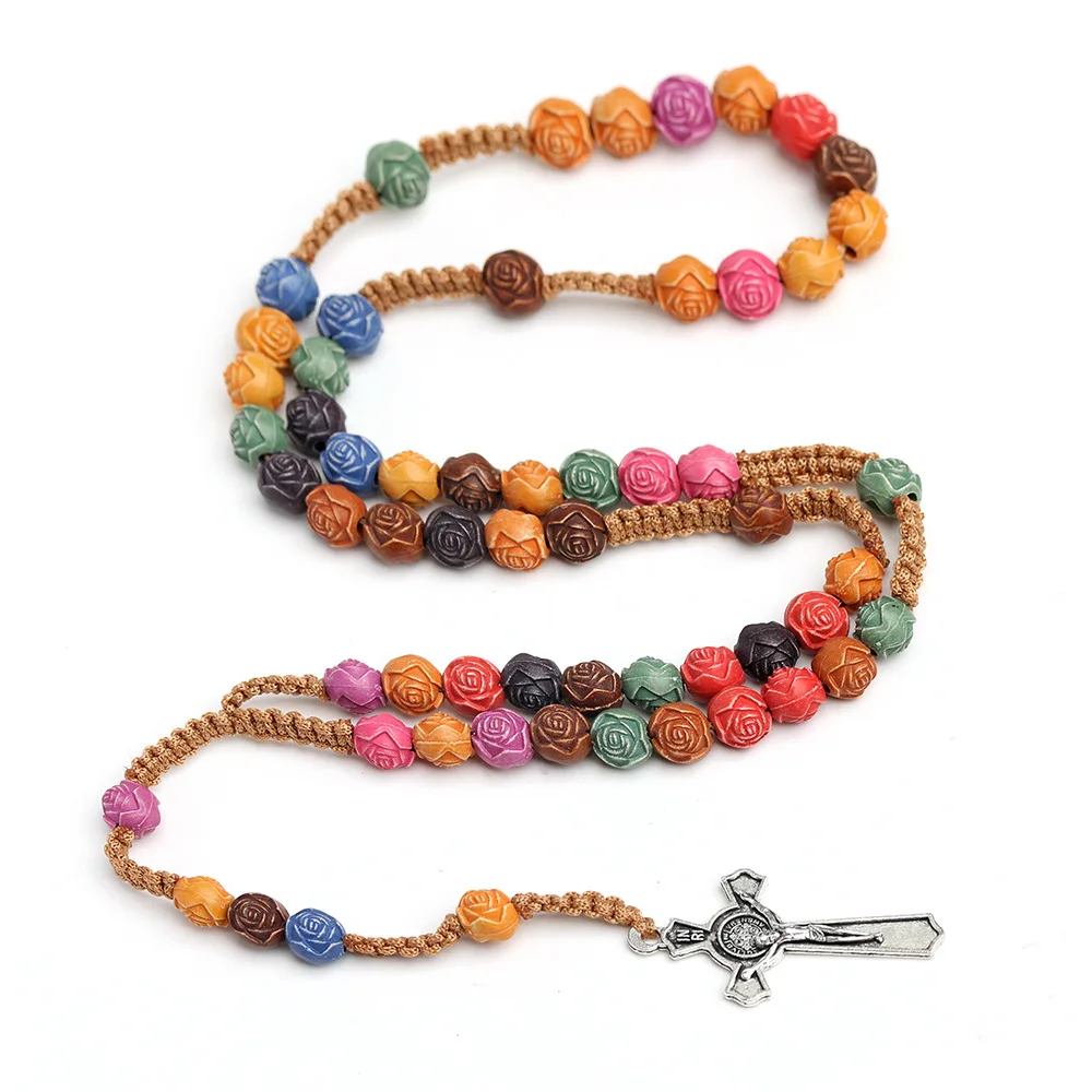 Religious Rosary Charm Colorful Necklace with Flower Plastic 10mm Bead Alloy Cross Jesus Christian Prayer Beads for Catholicism