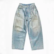 2025 Mid Waist Non Stretched Foil Coated Denim Baggy Jeans Waxed Dirty Painting Sand Washed Wide Leg seasonal iridescent Jeans