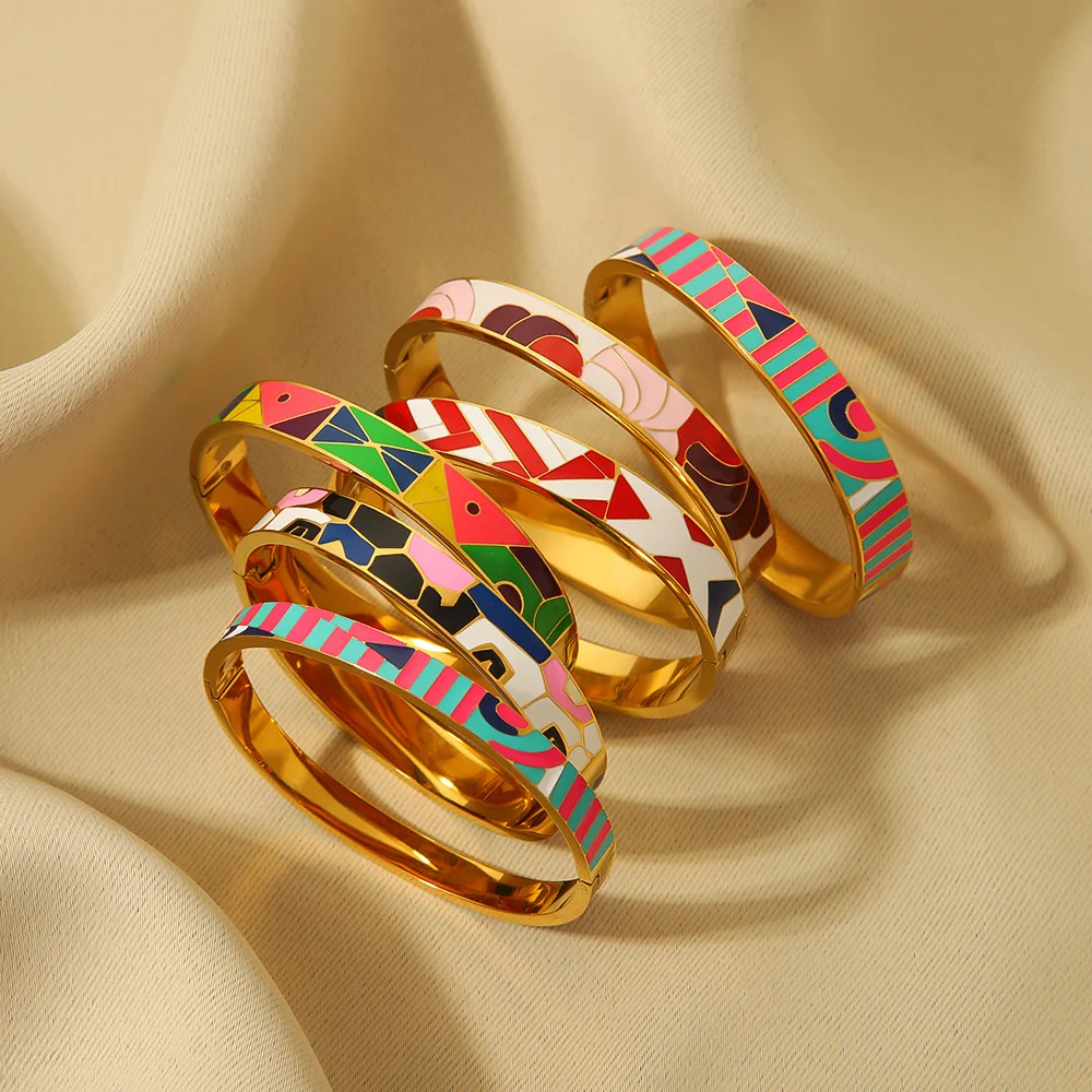French Vintage Painted Enamel Titanium Steel Bracelet Waterproof Stainless Steel Plated 18k Gold Personality Bracelet Jewelry