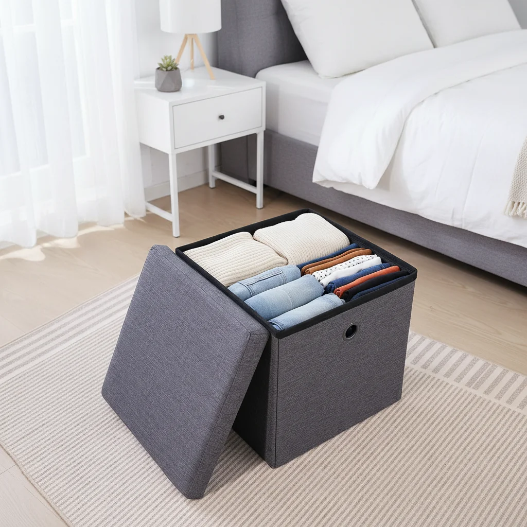 HStex Modern Foldable Fabric Storage Stool With Space Saving Design for Bedroom and Living Room