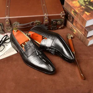 Executive Handmade Italian Style Shoes Men's Tassel Loafers Havana Brown Genuine Exotic Texture Cowhide CEO Office Dress Shoes