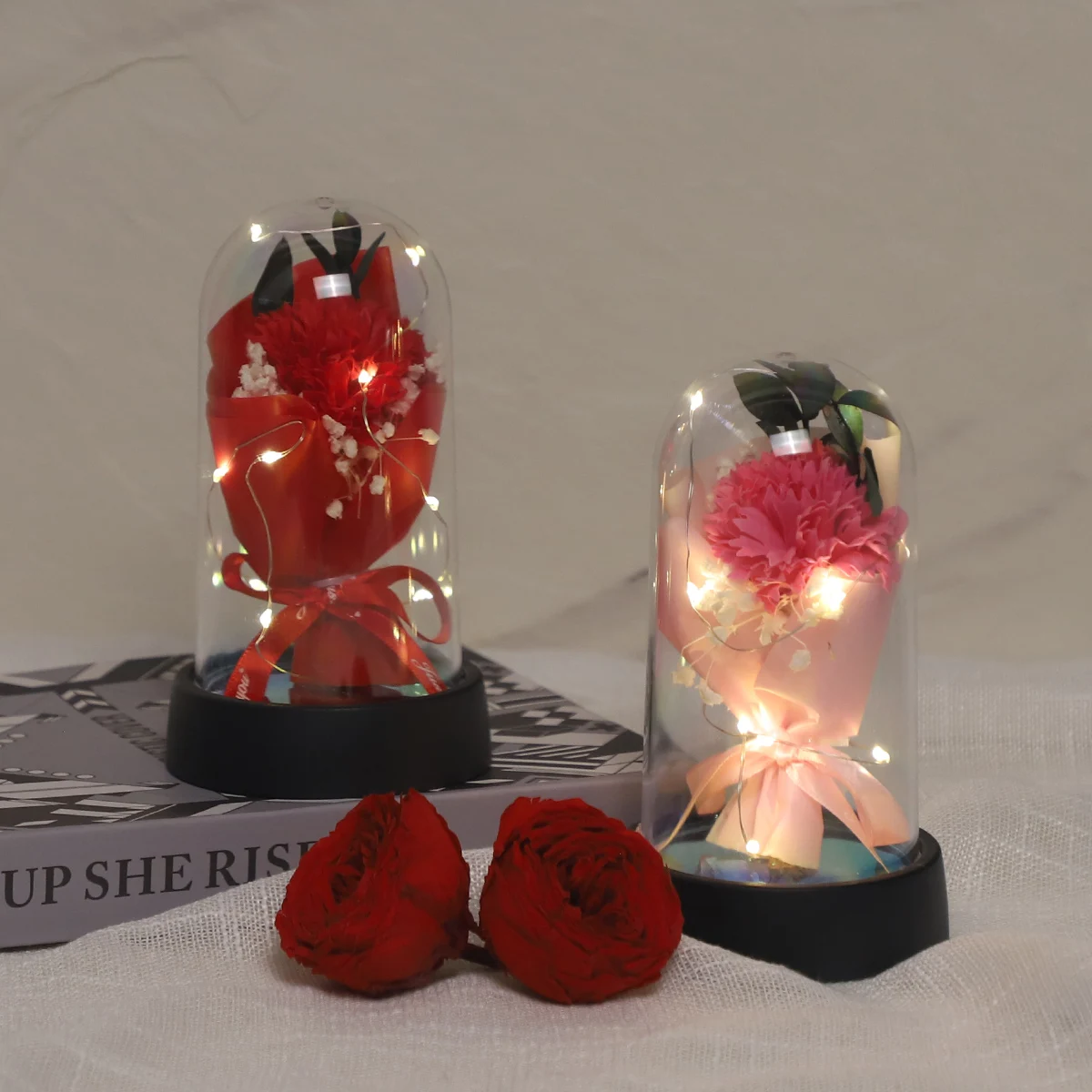 Hot Sale Glass Cover LED for Artificial Soap Rose Bouquet Eternal Features for Wedding Valentine's Day Gift Glass Dome