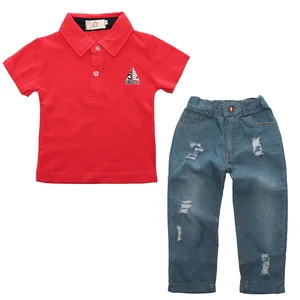 2019 European Summer New Hot Selling Short-sleeved Knit Cotton Denim 2 Sets  Children Kids Wholesale Bangladesh Clothing