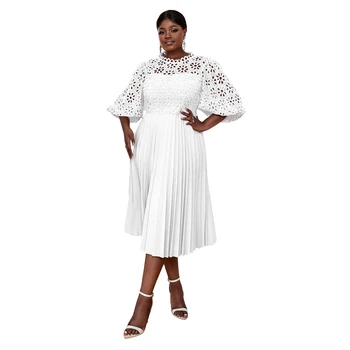 AM030904 US Local Stock Half Lantern Sleeves Lace Pleated White Casual Dress
