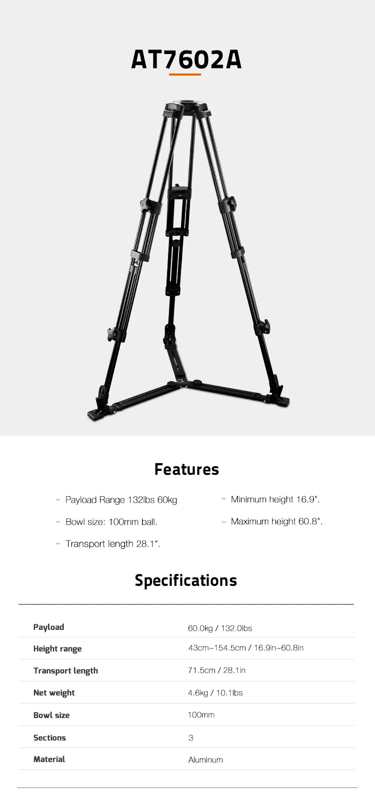 E-IMAGE AT7602A Aluminum Two-Stage Video Tripod With Ground Spreader|  Alibaba.com