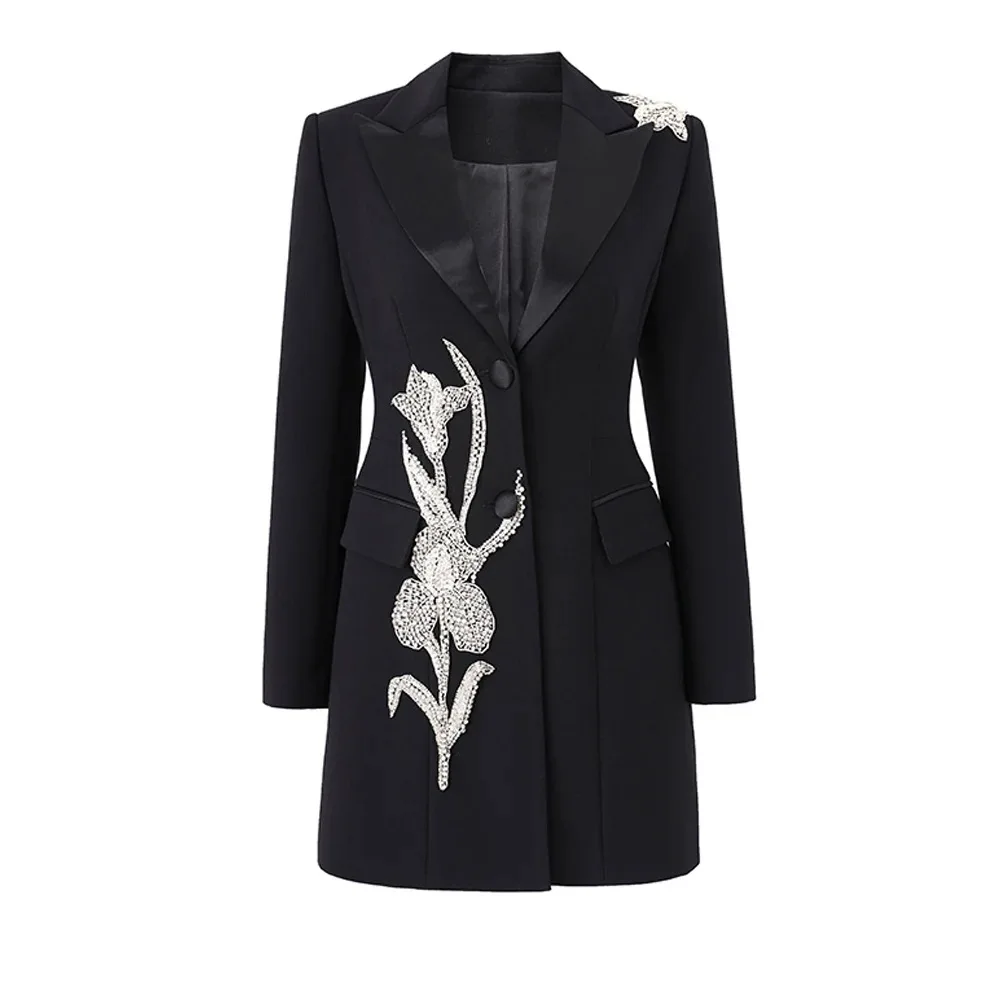 Elegant Black Crystal Blazer Dress for Formal Women