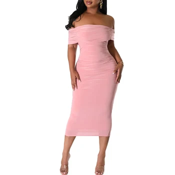 OEM Custom Fashion Bodycon Midi Dress Sexy Off Shoulder Slim Fit Sleeveless Elegant Ruched Dresses For Women Clothing